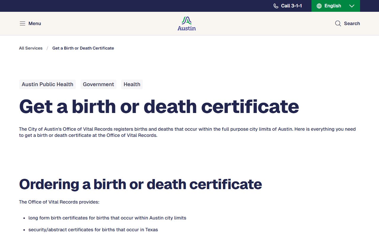 Austin Texas vital records office for death index