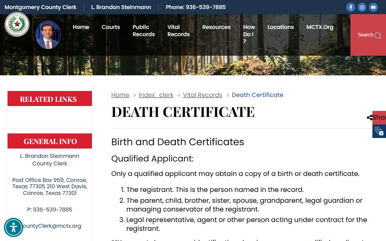 Montgomery County death certificate page for Conroe death index records