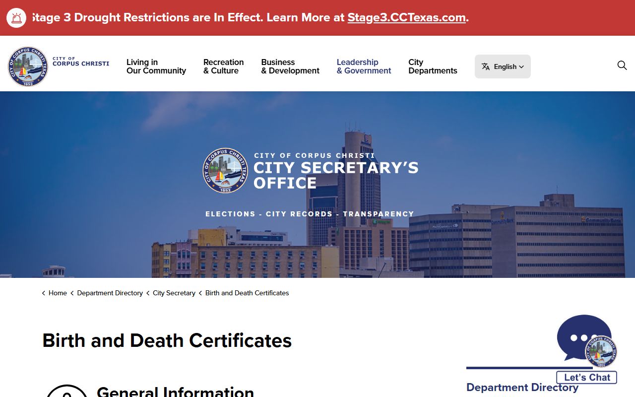 Corpus Christi City Secretary vital records for death index