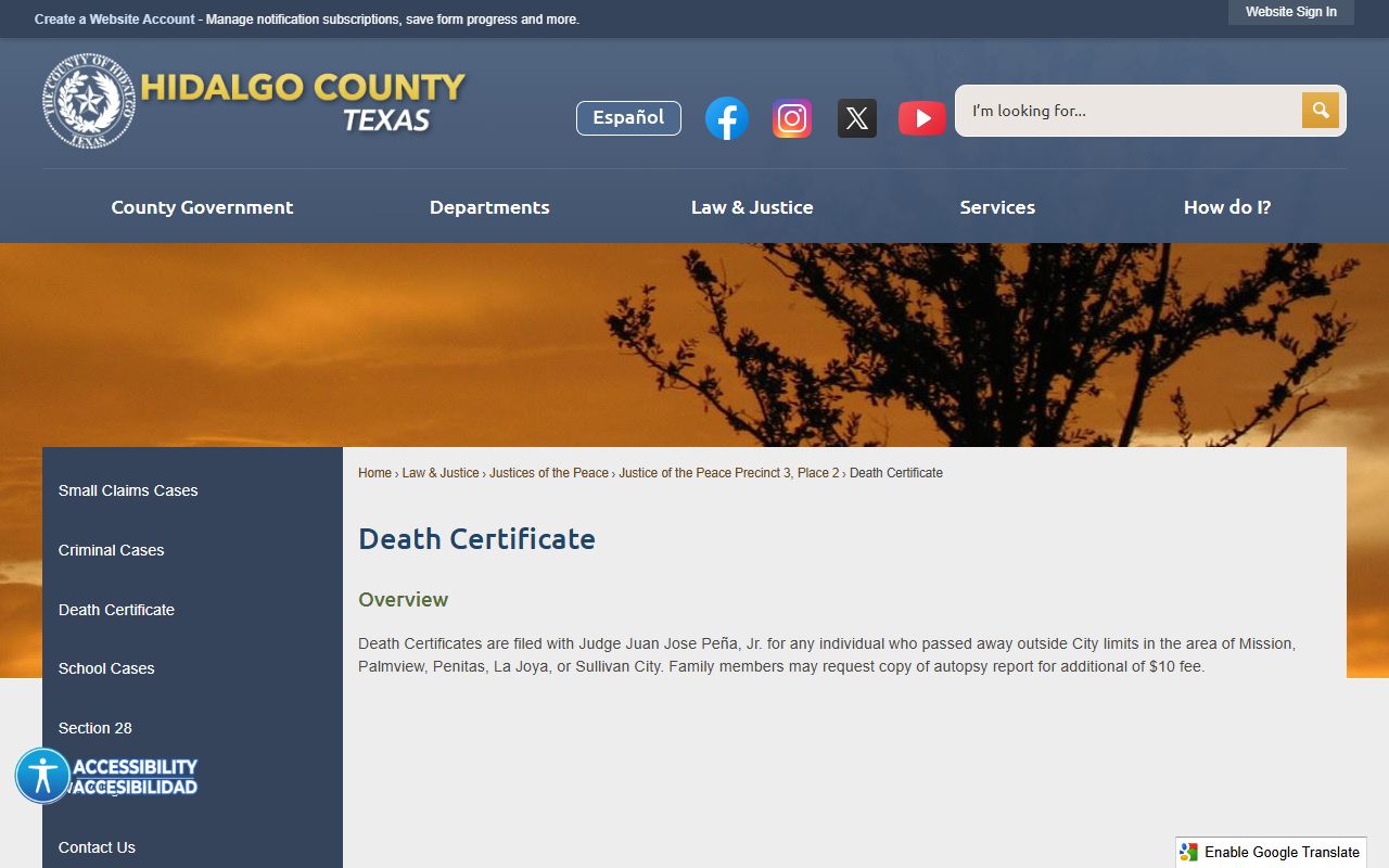 Hidalgo County death certificate process for Mission area