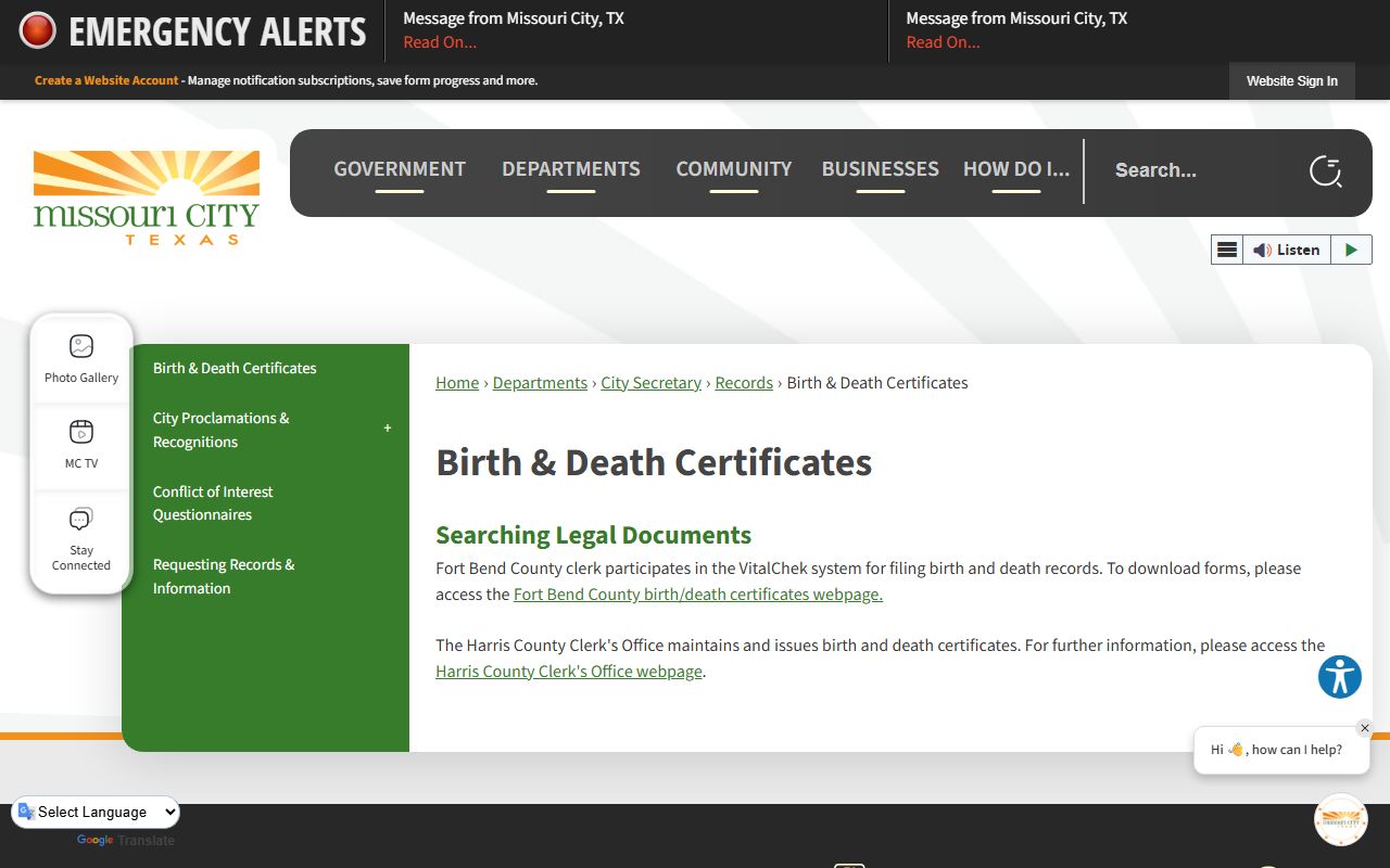 Missouri City Texas death index records