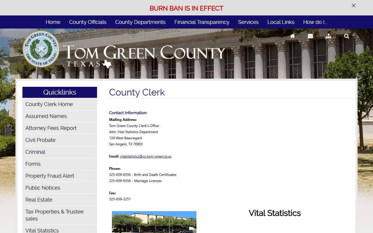 Tom Green County vital statistics page for San Angelo death index records
