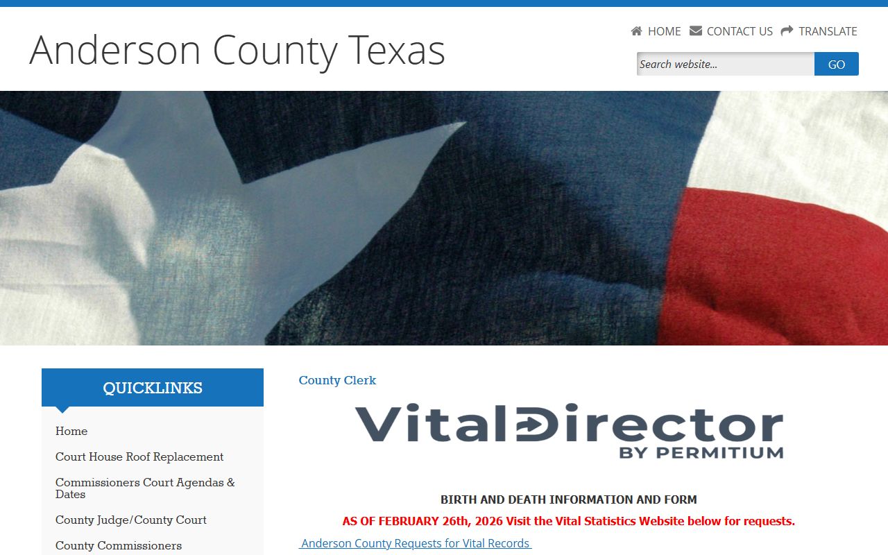 Anderson County Death Index - Vital Records request page