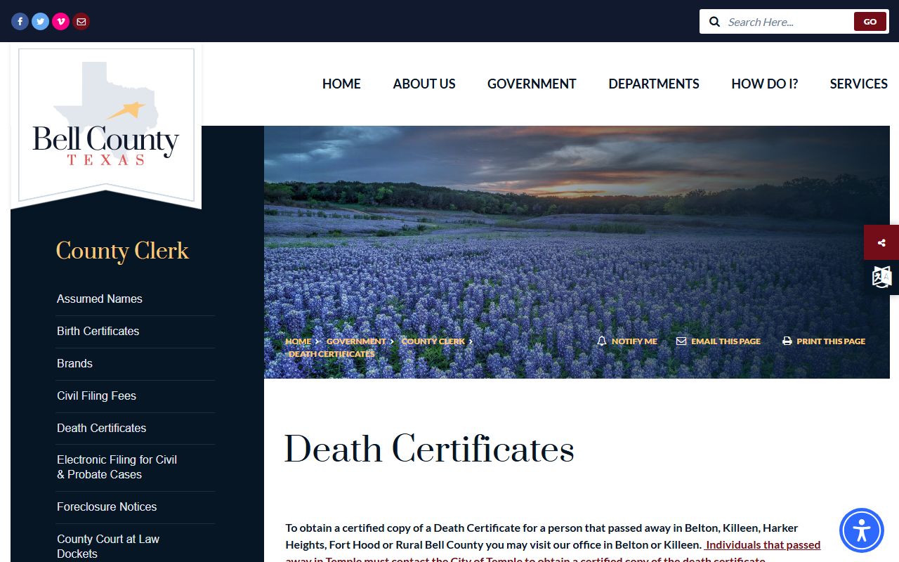 Bell County Death Index - Bell County death certificates page