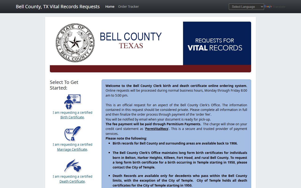 Bell County Death Index - Bell County online vital records Permitium portal