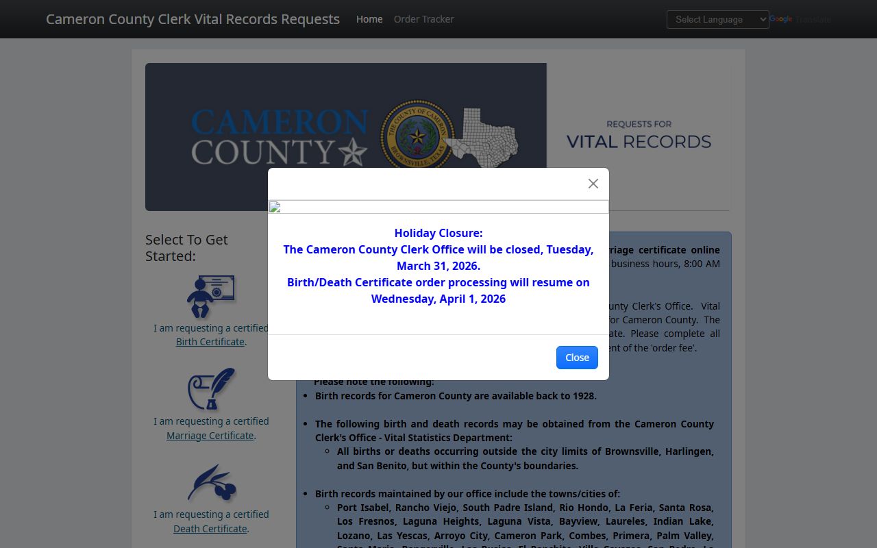 Cameron County Death Index - online vital records ordering
