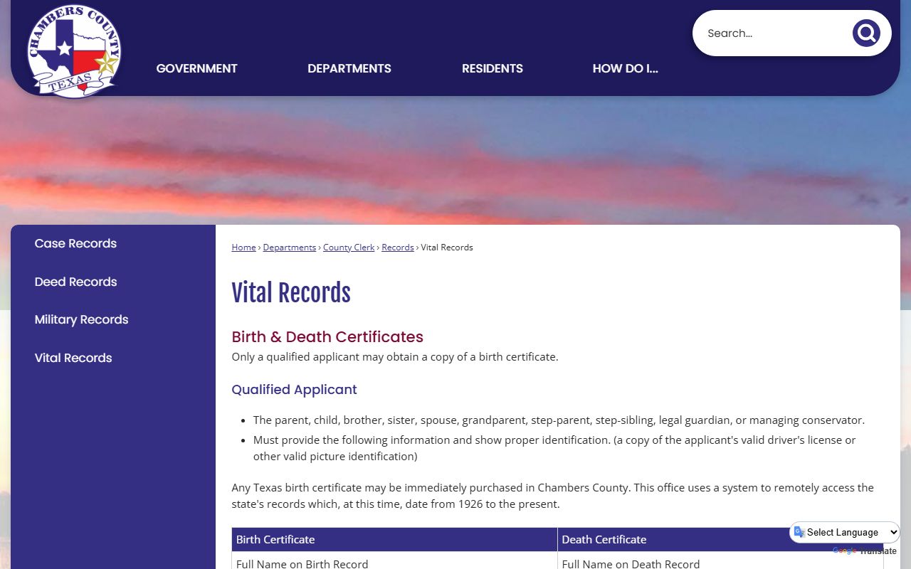 Chambers County Death Index - Chambers County Clerk Vital Records page
