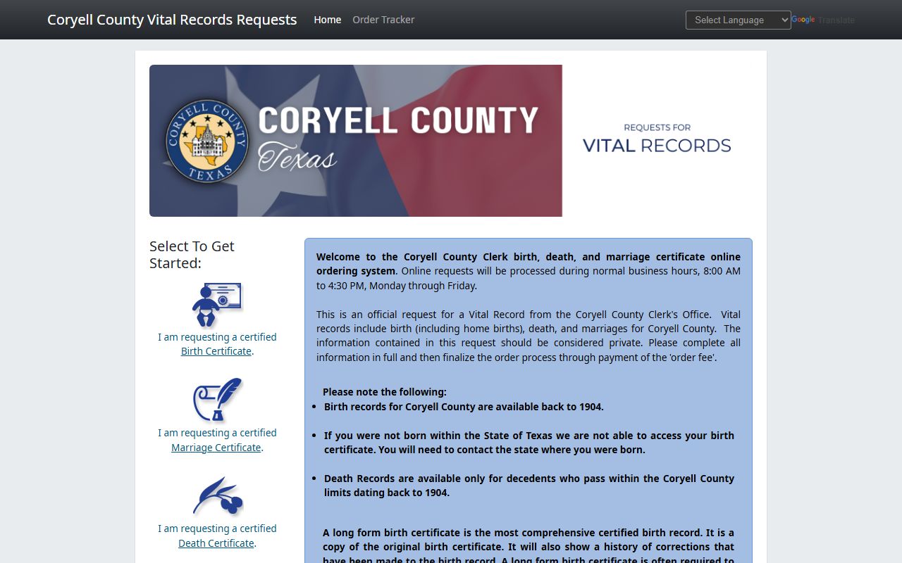 Coryell County Death Index - Coryell County online vital records portal