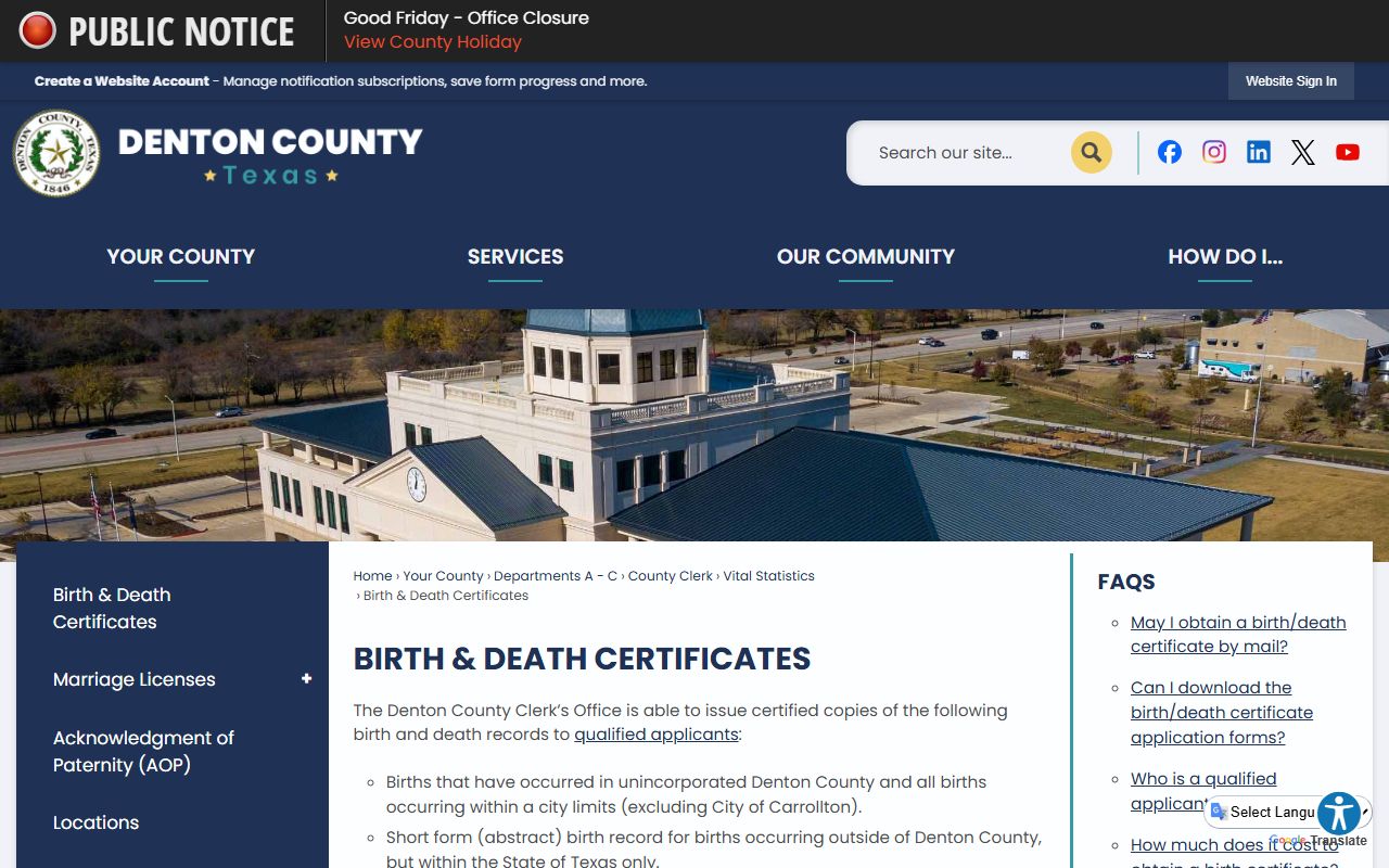 Denton County Death Index - birth and death certificates page