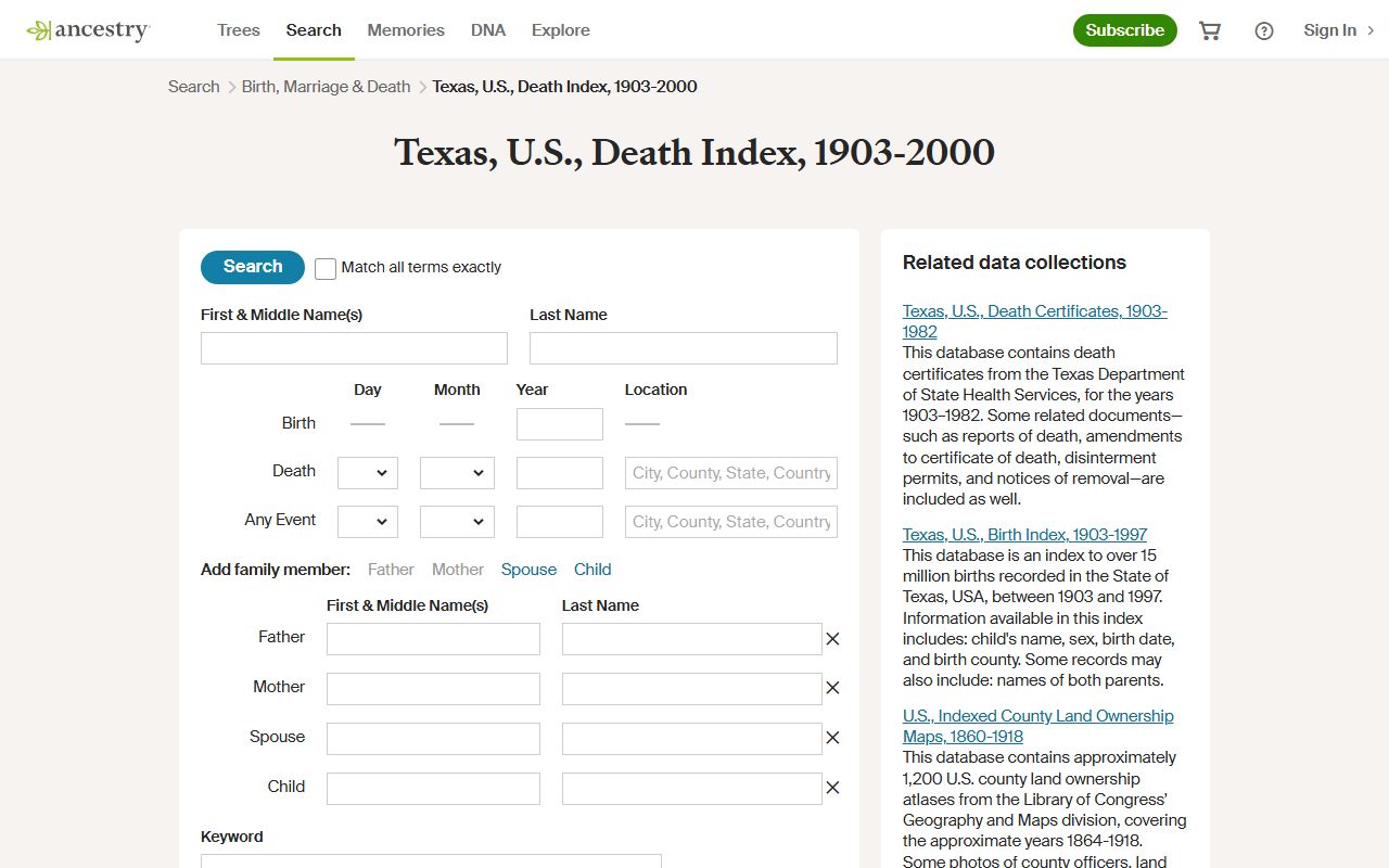Ancestry.com Texas Death Index 1903-2000 search database
