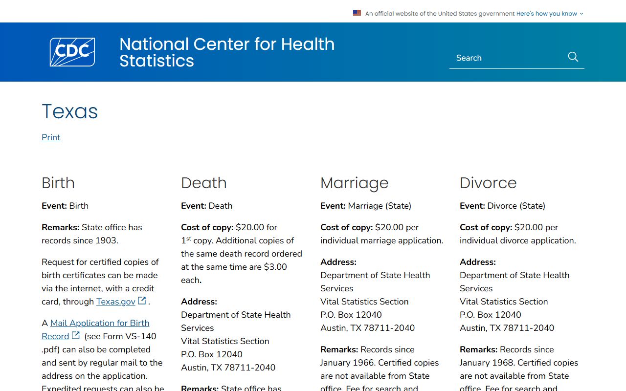 CDC Where to Write for Vital Records Texas Death Index