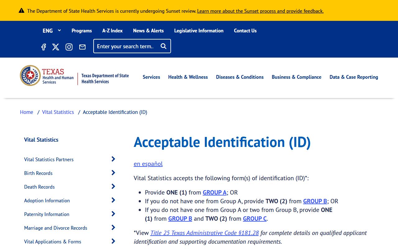 DSHS Acceptable ID for Texas Death Index requests