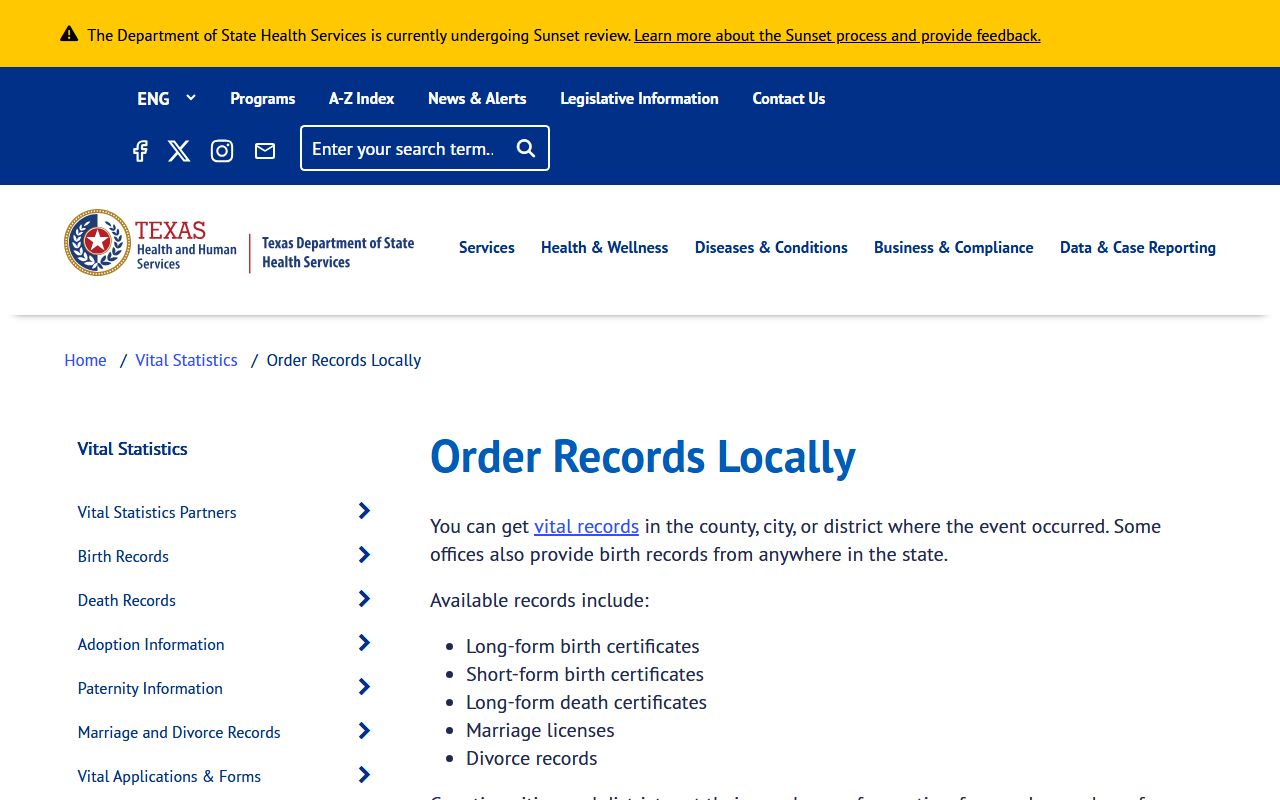 DSHS Order Records Locally page - Texas Death Index