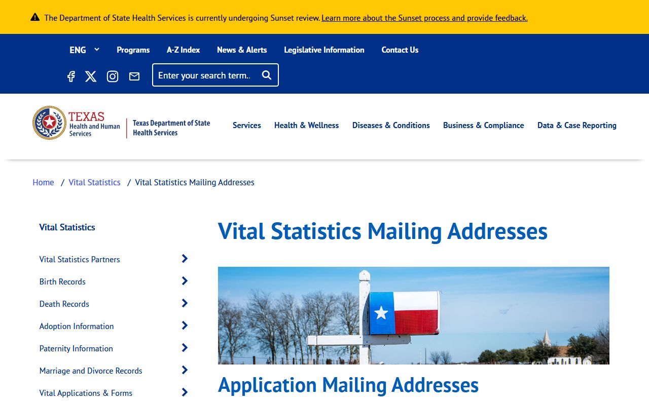 DSHS Vital Statistics mailing addresses for Texas Death Index
