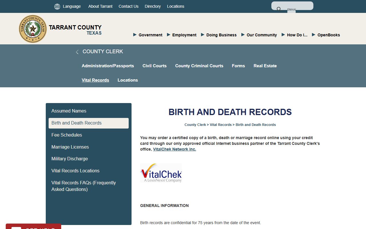 Tarrant County vital records - Texas Death Index county example